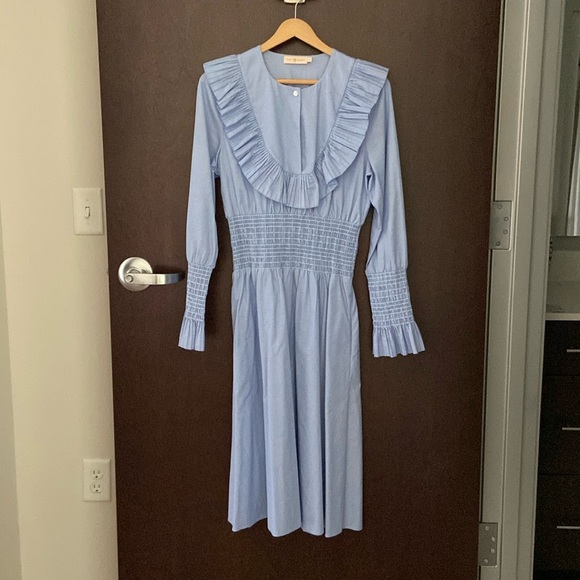 Tory Burch Smocked Cotton Midi Dress Ruffled Yoke Size 4 Blue - Picture 5 of 8